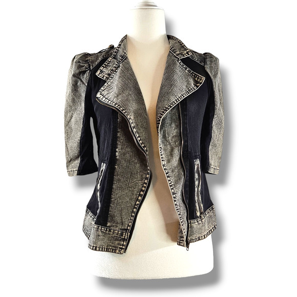 VTG Eand Queen Distressed Asymmetrical Jacket Sz. S [4-6] Gray Black Acid Wash - Picture 2 of 12